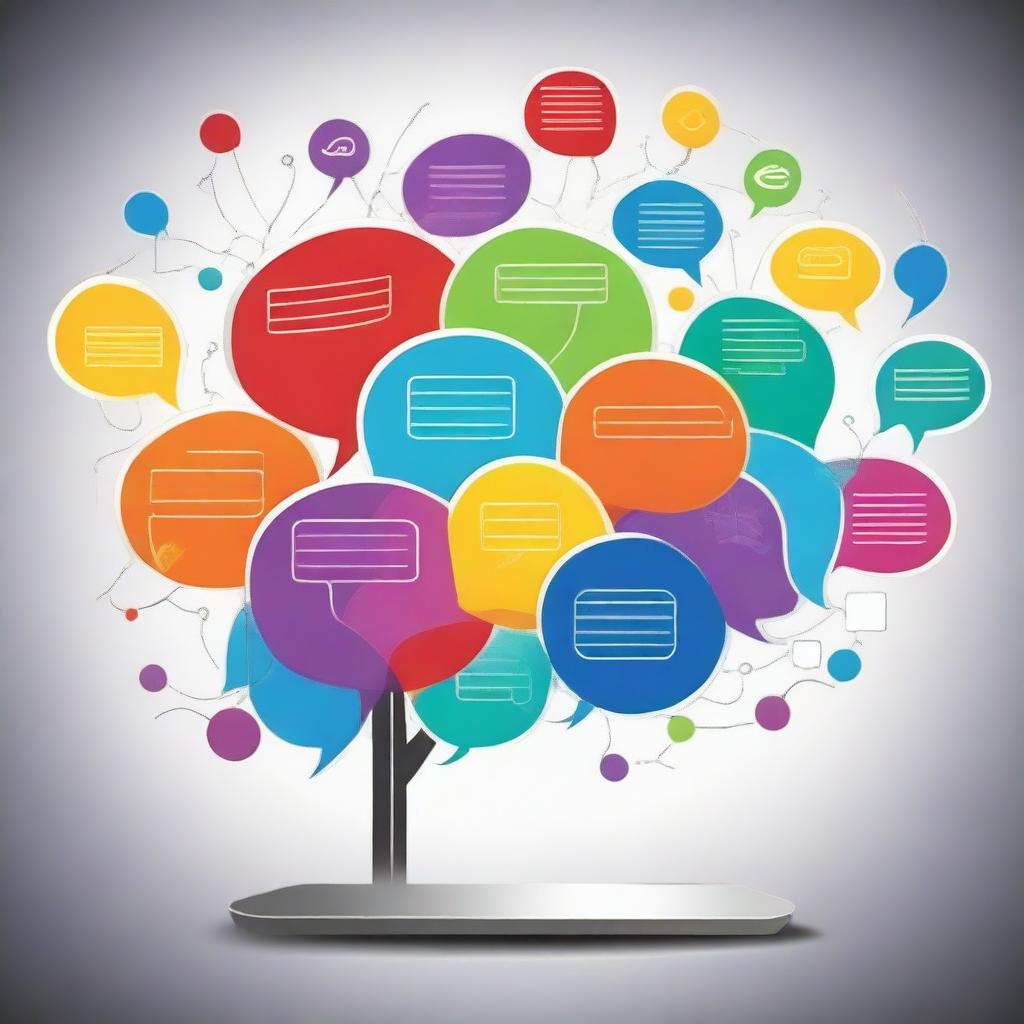 An artistic representation of neuro-linguistic programming, featuring a human brain connected to colorful speech bubbles and digital lines