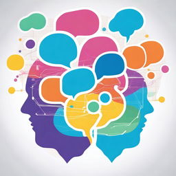 An artistic representation of neuro-linguistic programming, featuring a human brain connected to colorful speech bubbles and digital lines