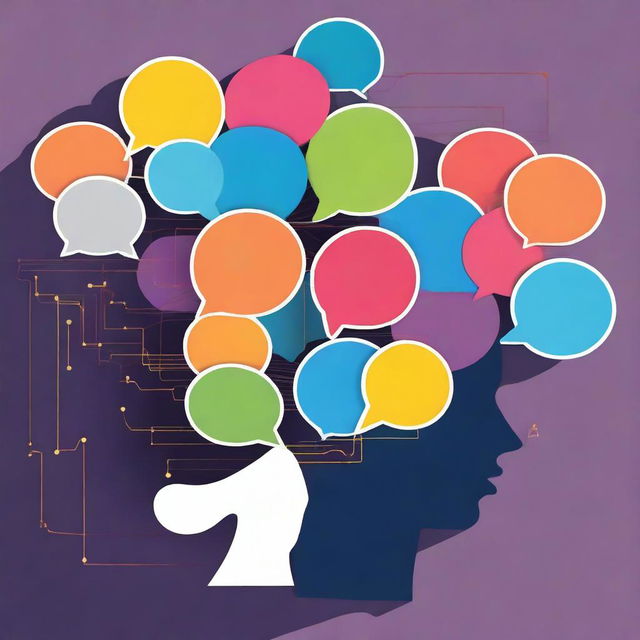 An artistic representation of neuro-linguistic programming, featuring a human brain connected to colorful speech bubbles and digital lines