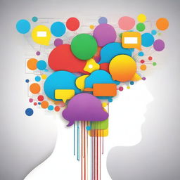 An artistic representation of neuro-linguistic programming, featuring a human brain connected to colorful speech bubbles and digital lines