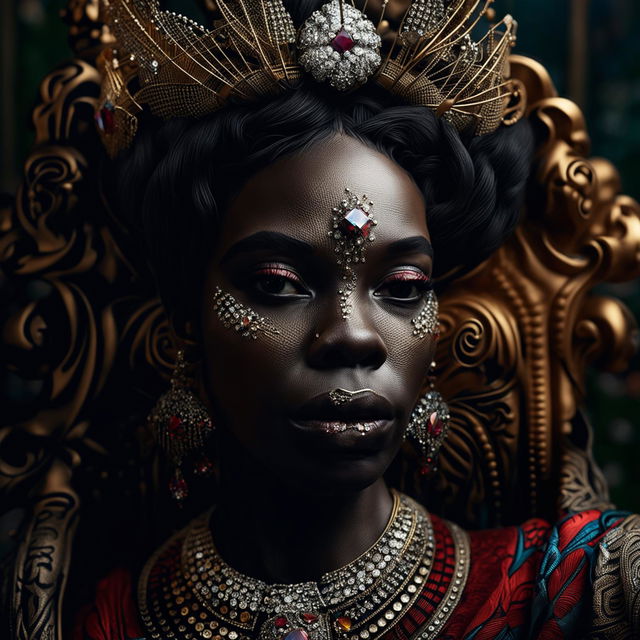 Intense close-up 3D photograph of a different African queen's face in a Rococo setting. Her features are intricately detailed, highlighted by immaculate composition and lighting.