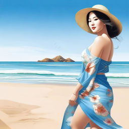 A realistic and beautiful image of an oriental woman with a voluptuous figure standing by the beach