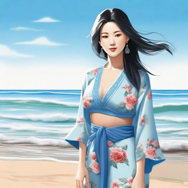 A realistic and beautiful image of an oriental woman with a voluptuous figure standing by the beach