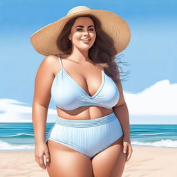 A realistic and beautiful image of a European woman with a voluptuous figure standing by the beach