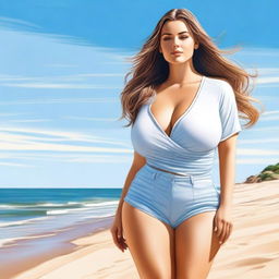 A realistic and beautiful image of a European woman with a voluptuous figure standing by the beach