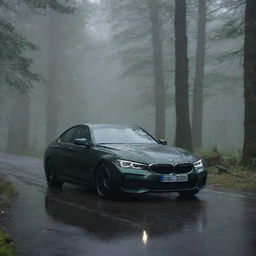 A 2023 black BMW car parked with a dark green, dense forest in the background. It's raining, creating a dramatic setting.