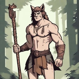 A young and inexperienced barbarian with gentle features, showing slight wolf traits in his eyes