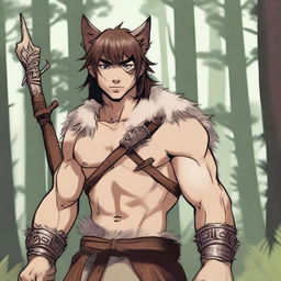 A young and inexperienced barbarian with gentle features, showing slight wolf traits in his eyes