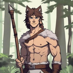 A young and inexperienced barbarian with gentle features, showing slight wolf traits in his eyes