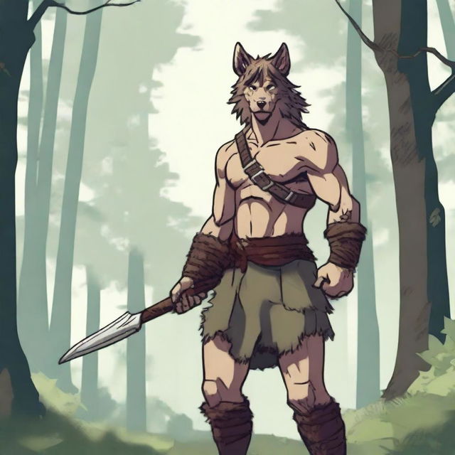 A young and inexperienced barbarian with gentle features, showing slight wolf traits in his eyes