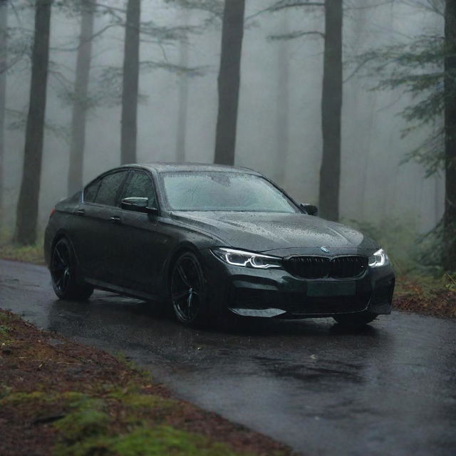 A 2023 black BMW car parked with a dark green, dense forest in the background. It's raining, creating a dramatic setting.