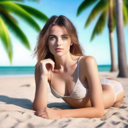 A realistic image of a beautiful European girl with green eyes, lying on the beach next to a palm tree