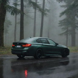 A 2023 black BMW car parked with a dark green, dense forest in the background. It's raining, creating a dramatic setting.