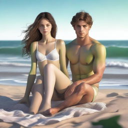 A realistic image of a beautiful European girl with green eyes, sitting on a boy's feet by the beach