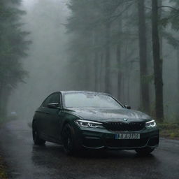 A 2023 black BMW car parked with a dark green, dense forest in the background. It's raining, creating a dramatic setting.