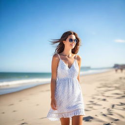 A beautiful woman standing on a sunny beach with clear blue skies and gentle waves in the background