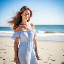 A beautiful woman standing on a sunny beach with clear blue skies and gentle waves in the background