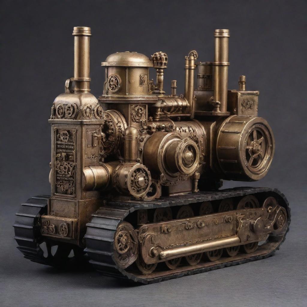 A bulldozer re-envisioned in a steampunk design, showcasing brass-coated metal, ornate steam stacks, cog and gear filled engine, all exuding a meticulously crafted, vintage aesthetic.