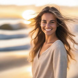 A beautiful girl standing on a sandy beach with the ocean waves gently crashing in the background