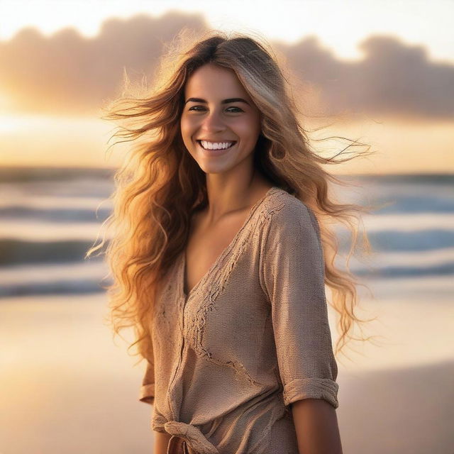 A beautiful girl standing on a sandy beach with the ocean waves gently crashing in the background