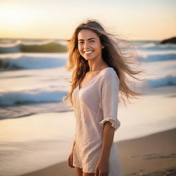 A beautiful girl standing on a sandy beach with the ocean waves gently crashing in the background