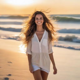 A beautiful girl standing on a sandy beach with the ocean waves gently crashing in the background