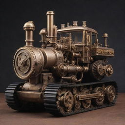 A bulldozer re-envisioned in a steampunk design, showcasing brass-coated metal, ornate steam stacks, cog and gear filled engine, all exuding a meticulously crafted, vintage aesthetic.