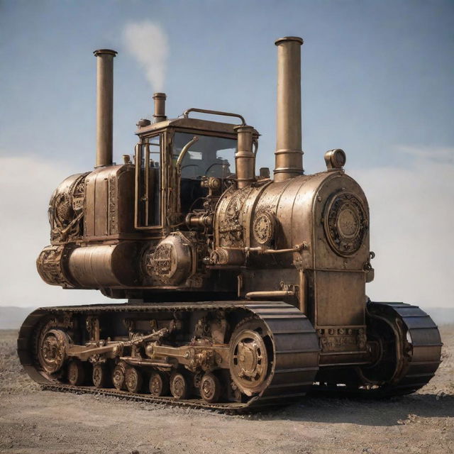 A bulldozer re-envisioned in a steampunk design, showcasing brass-coated metal, ornate steam stacks, cog and gear filled engine, all exuding a meticulously crafted, vintage aesthetic.