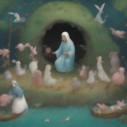 A reimagining of Hieronymus Bosch's 'Christ in Limbo' painting in the style of Studio Ghibli