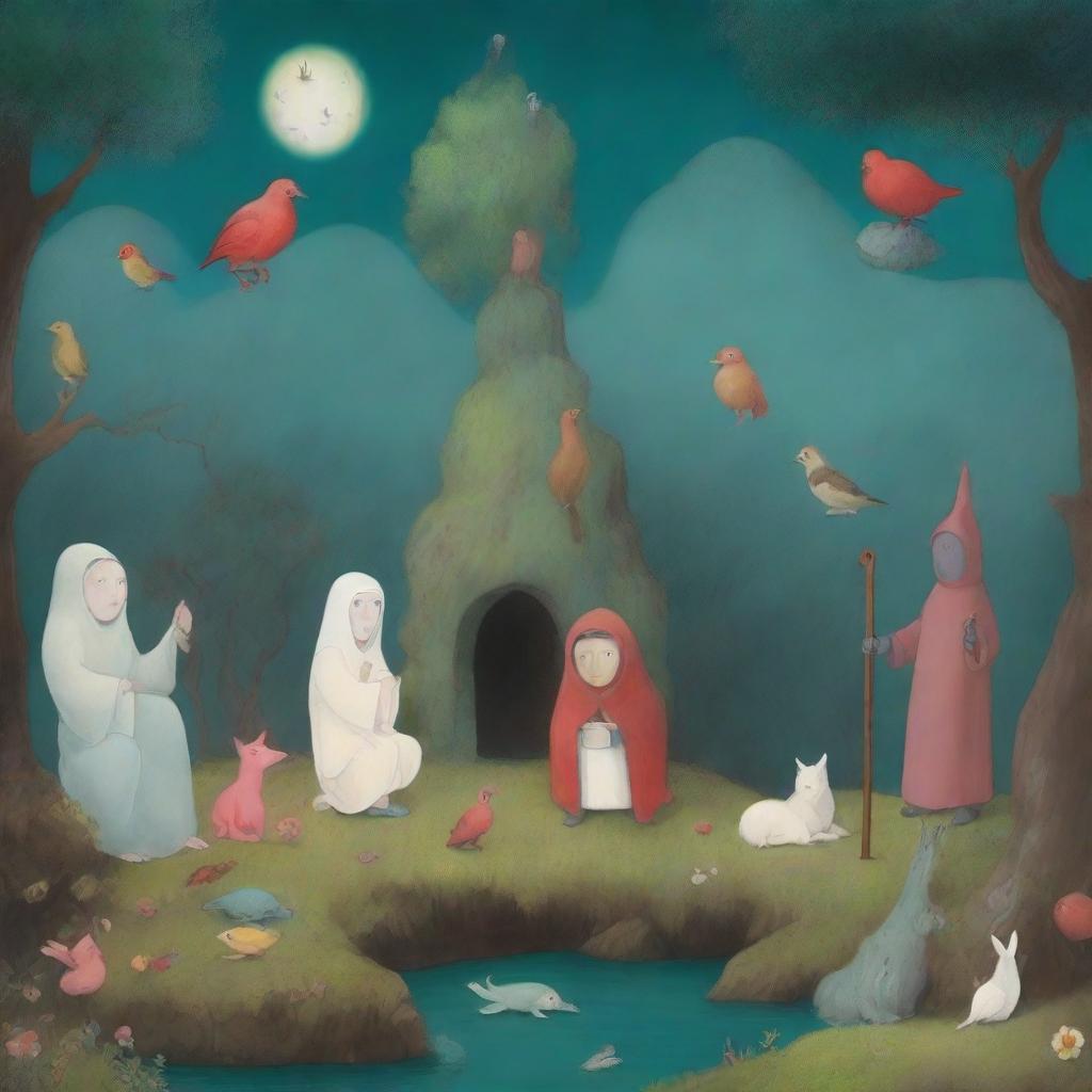 A reimagining of Hieronymus Bosch's 'Christ in Limbo' painting in the style of Studio Ghibli