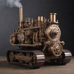 A bulldozer re-envisioned in a steampunk design, showcasing brass-coated metal, ornate steam stacks, cog and gear filled engine, all exuding a meticulously crafted, vintage aesthetic.