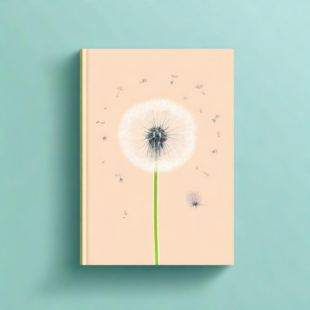 Create a book cover featuring a dandelion with one seed floating away