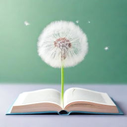 Create a book cover featuring a dandelion with one seed floating away