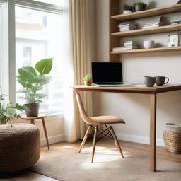 A cozy home office setup with a laptop on a wooden desk, a comfortable chair, and a cup of coffee