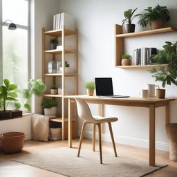 A cozy home office setup with a laptop on a wooden desk, a comfortable chair, and a cup of coffee