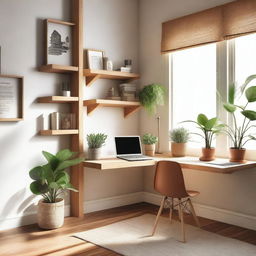 A cozy home office setup with a laptop on a wooden desk, a comfortable chair, and a cup of coffee