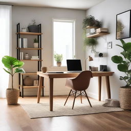 A cozy home office setup with a laptop on a wooden desk, a comfortable chair, and a cup of coffee