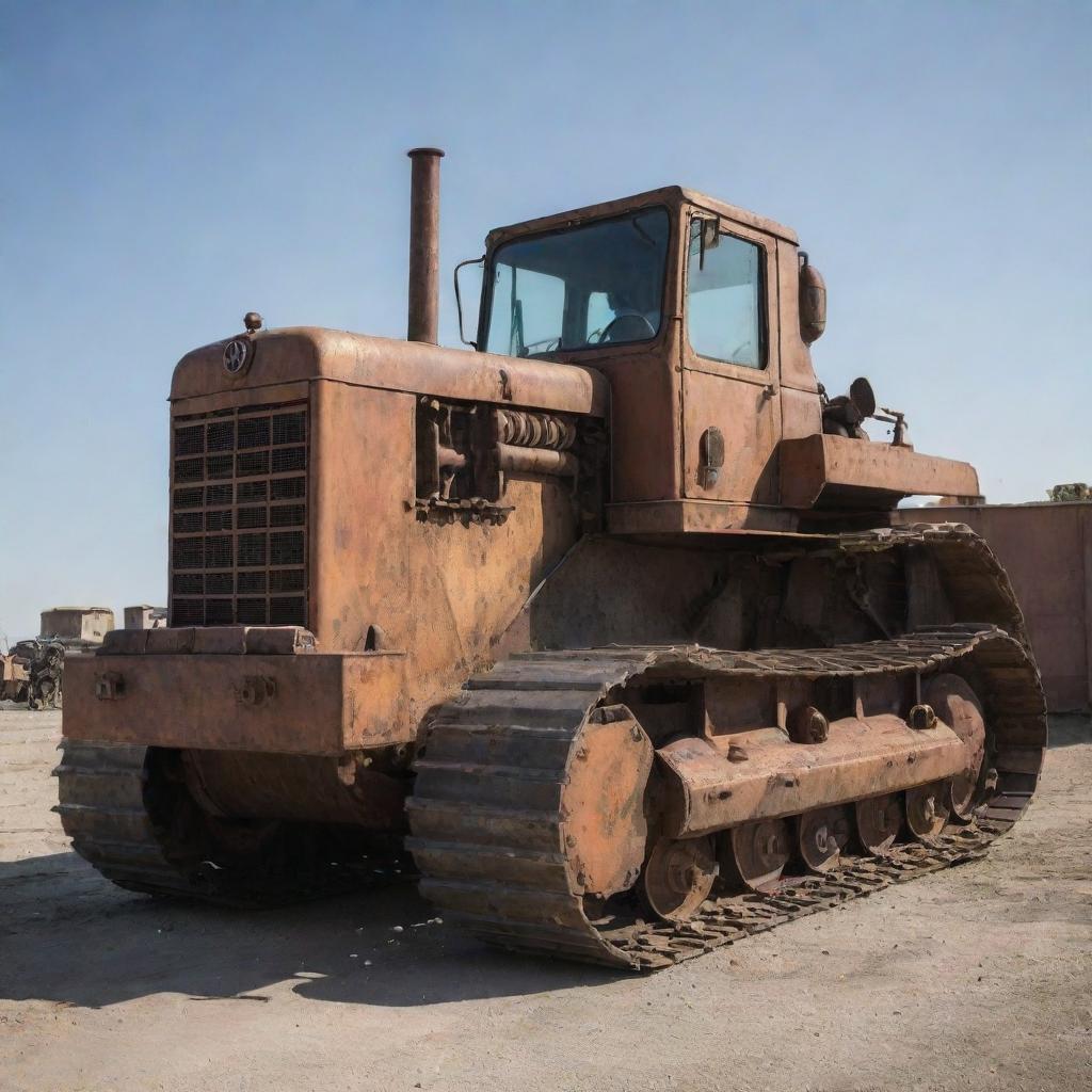 A bulldozer recreated in a dieselpunk motif featuring gritty industrial elements, rusted metal exterior, and a muscular, streamlined design ideal for the harsh realities of a diesel-powered dystopia.