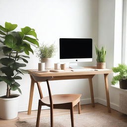 A clean and organized work from home setup with a modern desk, a laptop, a cup of coffee, and some plants