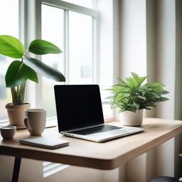 A clean and organized work from home setup with a modern desk, a laptop, a cup of coffee, and some plants