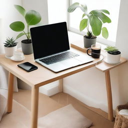 A clean and organized work from home setup with a modern desk, a laptop, a cup of coffee, and some plants