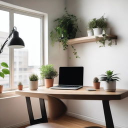 A clean and organized work from home setup with a modern desk, a laptop, a cup of coffee, and some plants