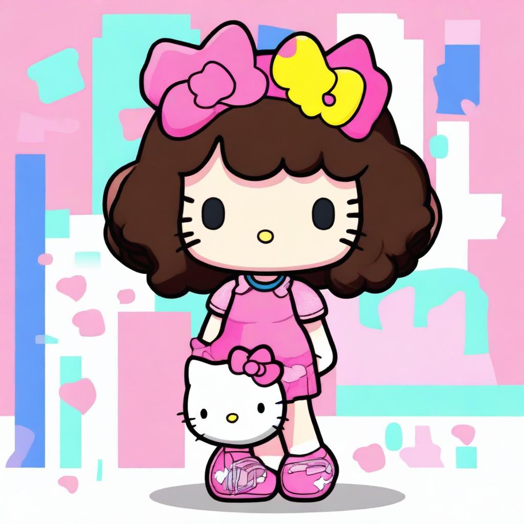 A Hello Kitty character with medium-length, dark brown wavy hair, dressed in Y2K fashion