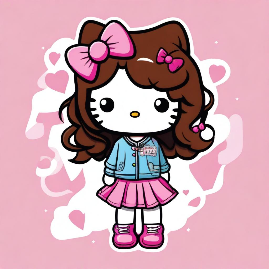 A Hello Kitty character with medium-length, dark brown wavy hair, dressed in Y2K fashion