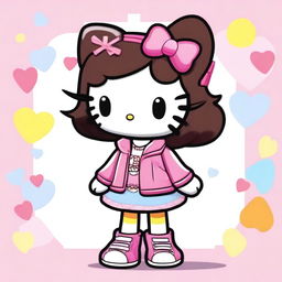 A Hello Kitty character with medium-length, dark brown wavy hair, dressed in Y2K fashion