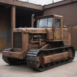 A bulldozer recreated in a dieselpunk motif featuring gritty industrial elements, rusted metal exterior, and a muscular, streamlined design ideal for the harsh realities of a diesel-powered dystopia.