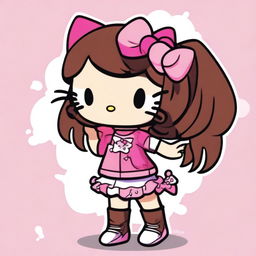 A Hello Kitty character with medium-length, dark brown wavy hair, dressed in Y2K fashion