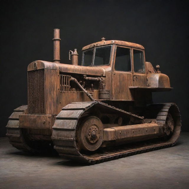 A bulldozer recreated in a dieselpunk motif featuring gritty industrial elements, rusted metal exterior, and a muscular, streamlined design ideal for the harsh realities of a diesel-powered dystopia.