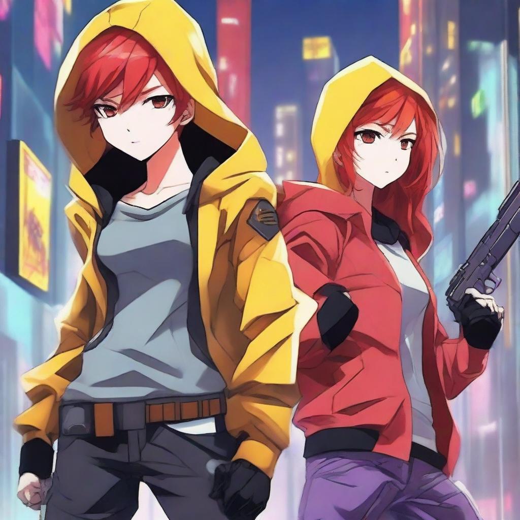 Create an anime-style poster featuring a man with red hair and a woman in a yellow hoodie, set in a shooter game environment