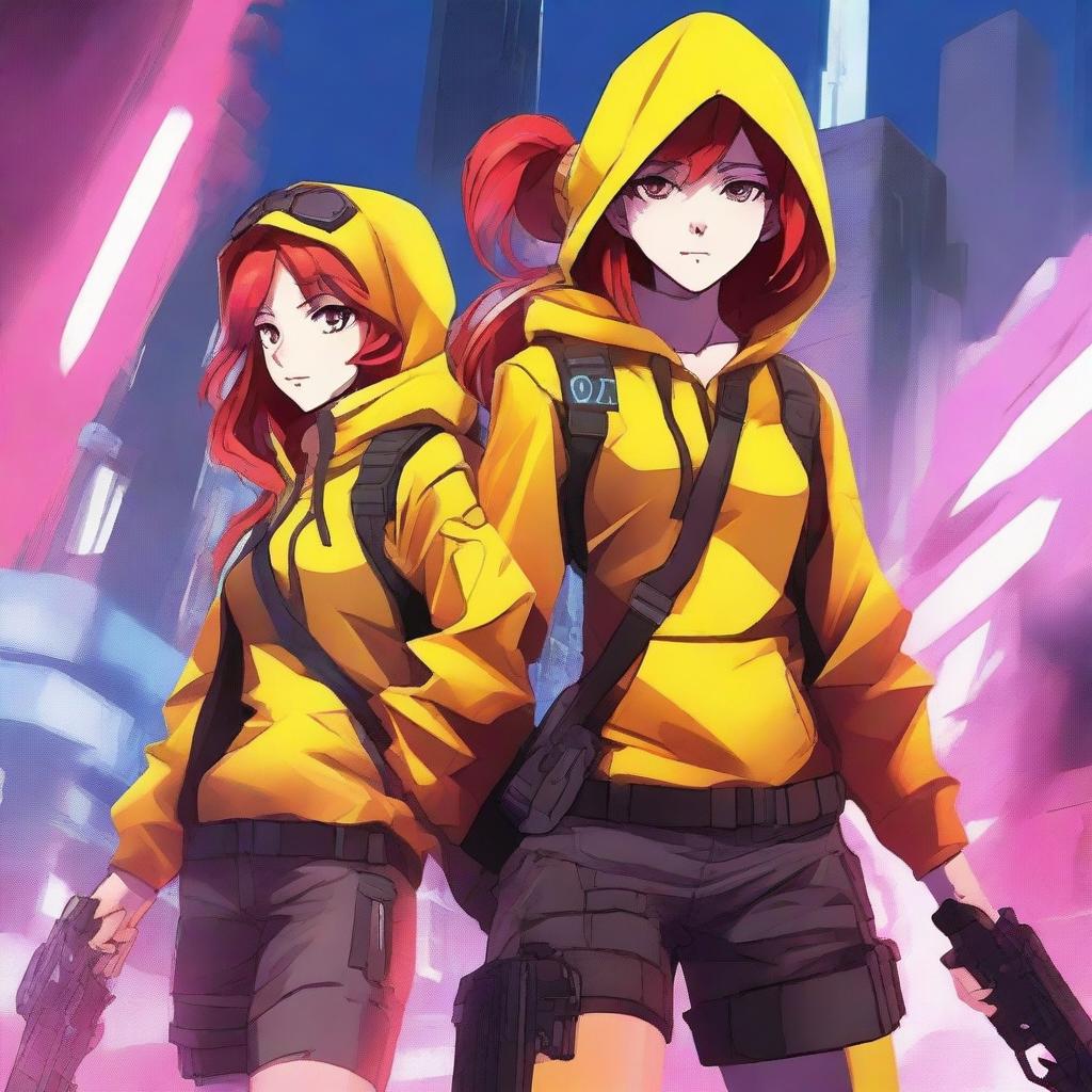 Create an anime-style poster featuring a man with red hair and a woman in a yellow hoodie, set in a shooter game environment